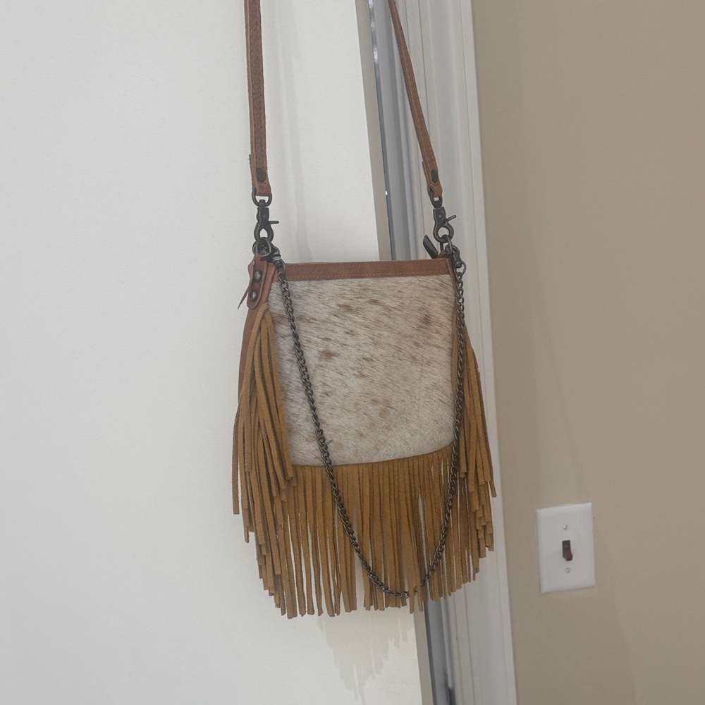 Genuine leather & cowhide Brown and Tan Fringe Crossbody Bag NEW WITH TAGS
